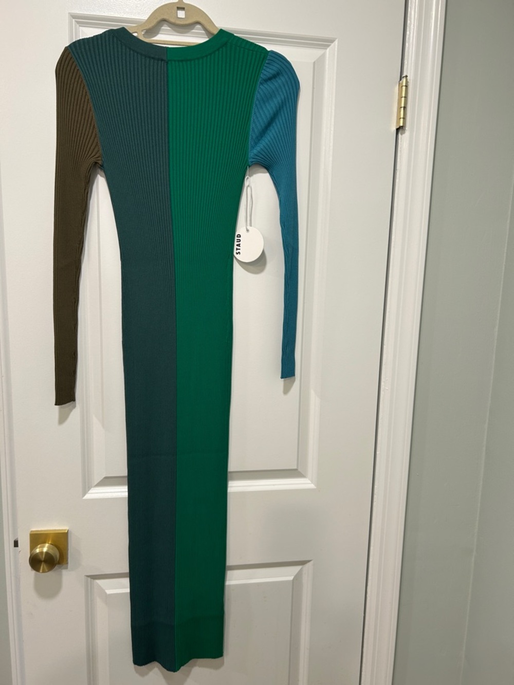 STAUD Colorblock Ribbed Button-Front Maxi Dress in Teal/Green/Olive - Picture 2 of 4